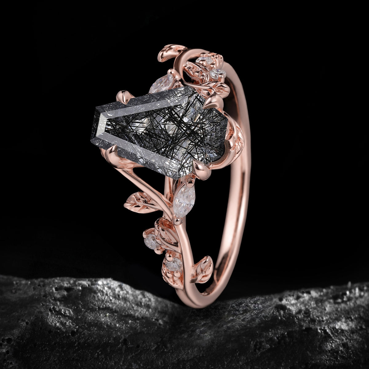 Coffin Cut Black Rutilated Quartz Nature Inspired LeafLace Ring