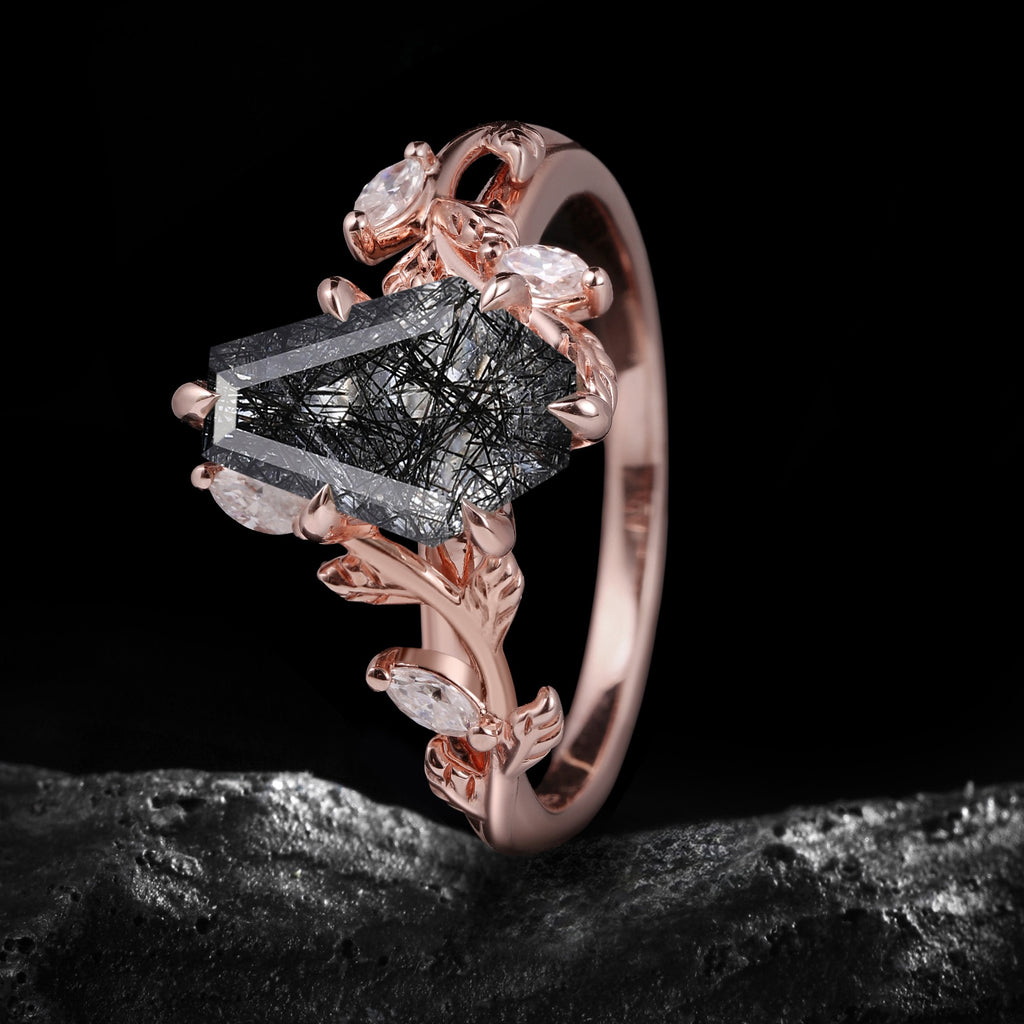 Coffin Cut Black Rutilated Quartz Vine Branch Ring