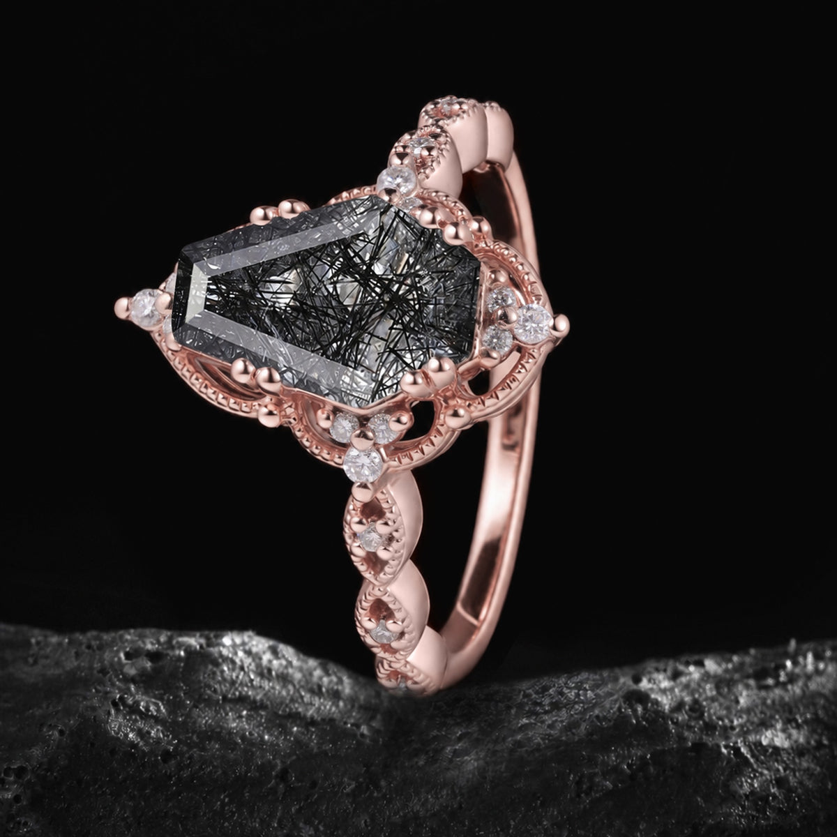 Coffin Cut Black Rutilated Quartz Milgrain Vintage Ring