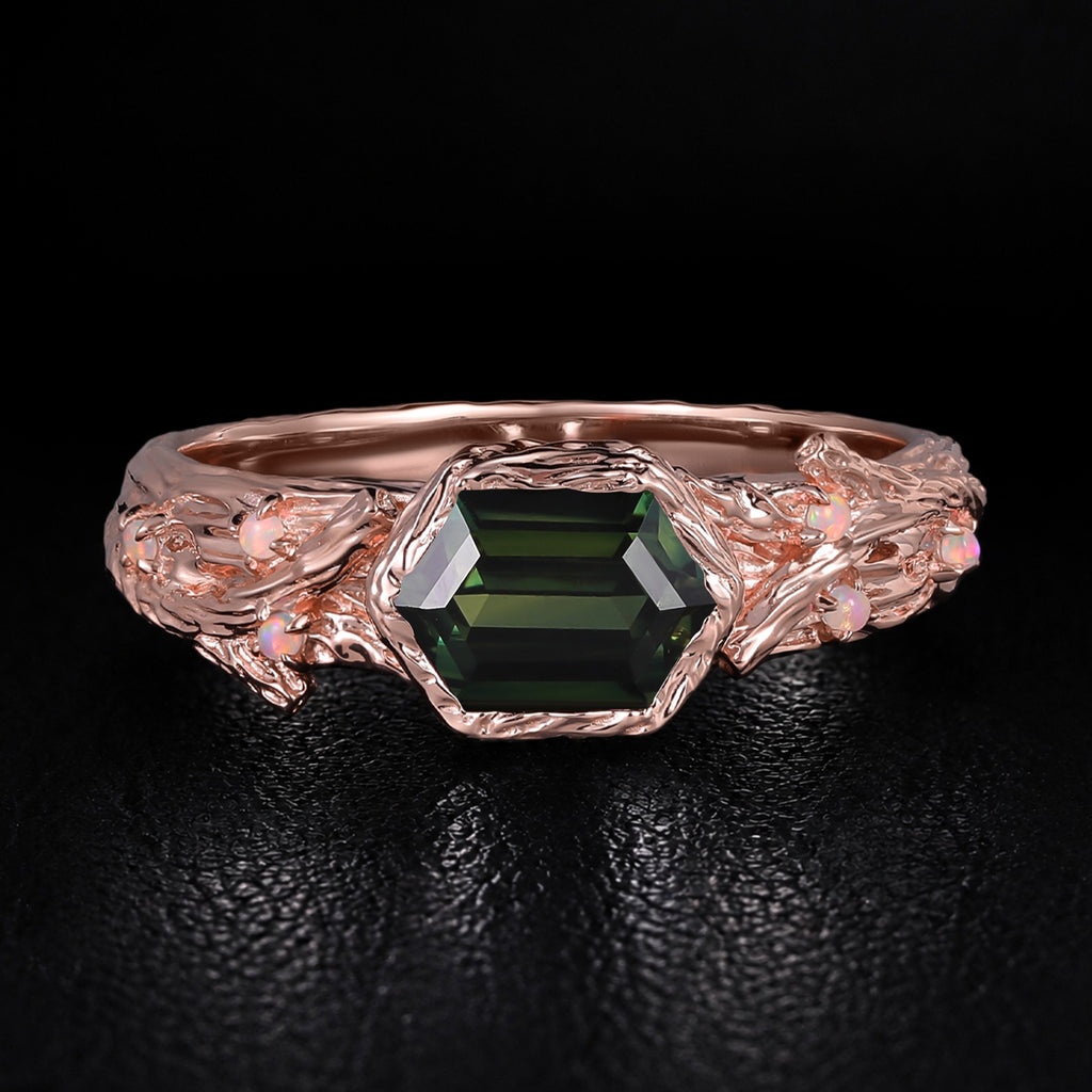 East-West Long Hexagon Cut Teal Sapphire Enchanted Branch Ring