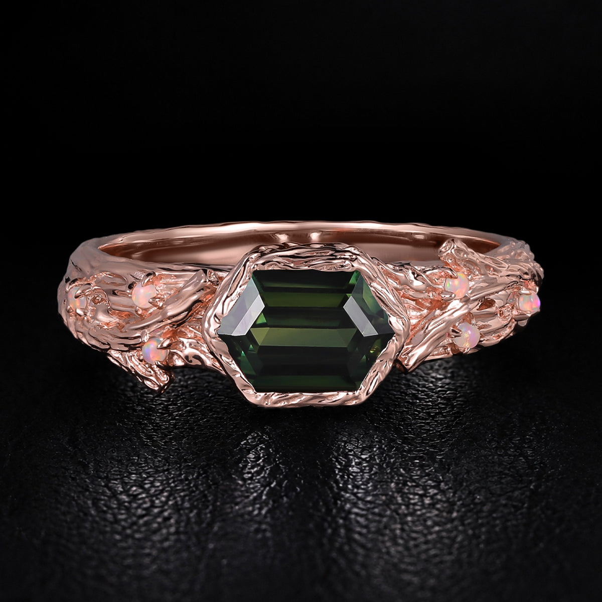 East-West Long Hexagon Cut Teal Sapphire Enchanted Branch Ring