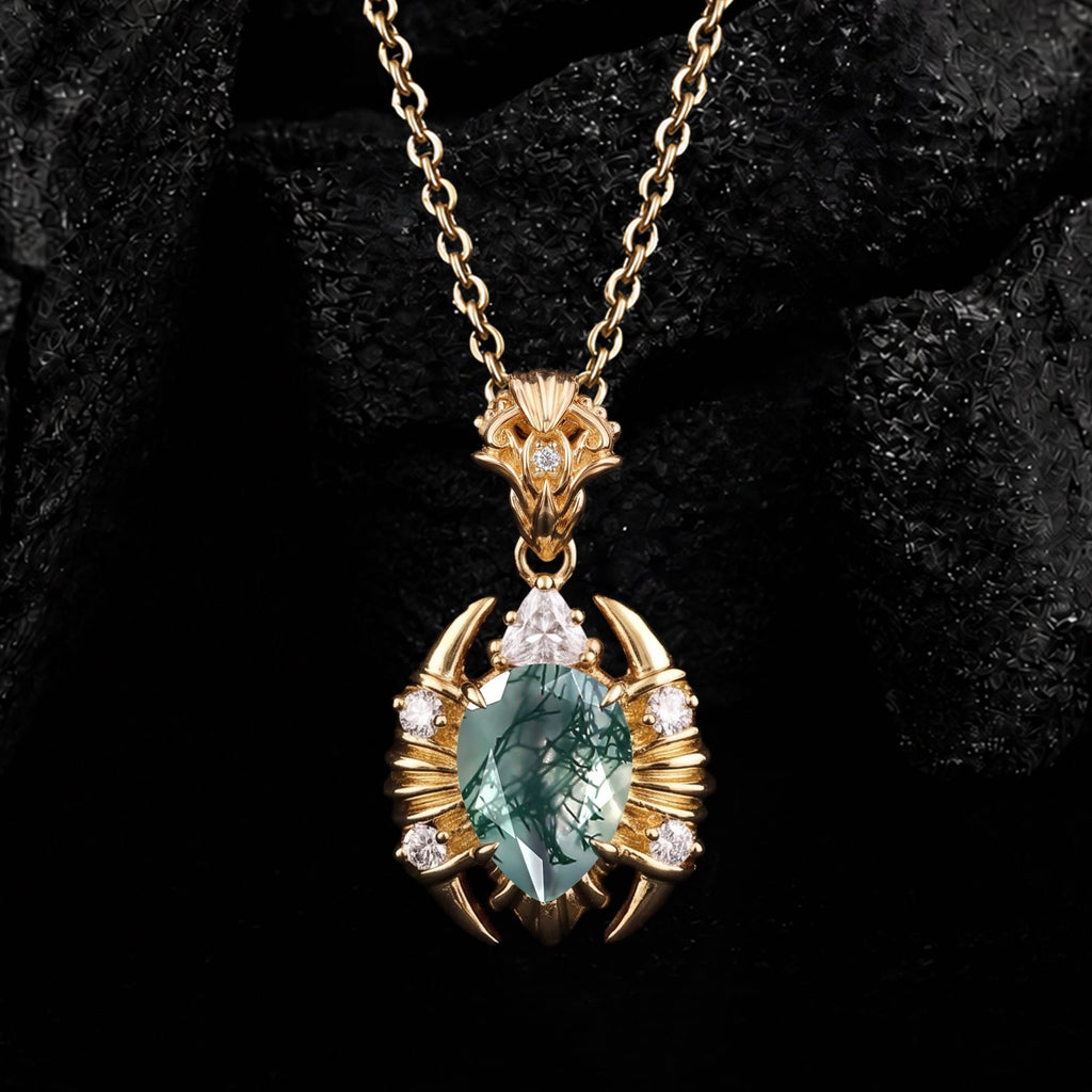 Pear Cut Moss Agate Scorpion Talisman Necklace