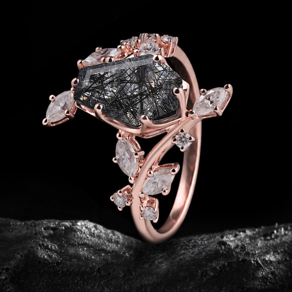 Coffin Cut Black Rutilated Quartz Bypass Shank Nature Inspired Ring