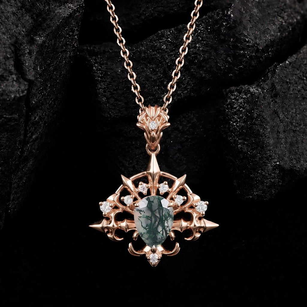 Pear Cut Moss Agate Radiant Arrow Gothic Pendant Necklace