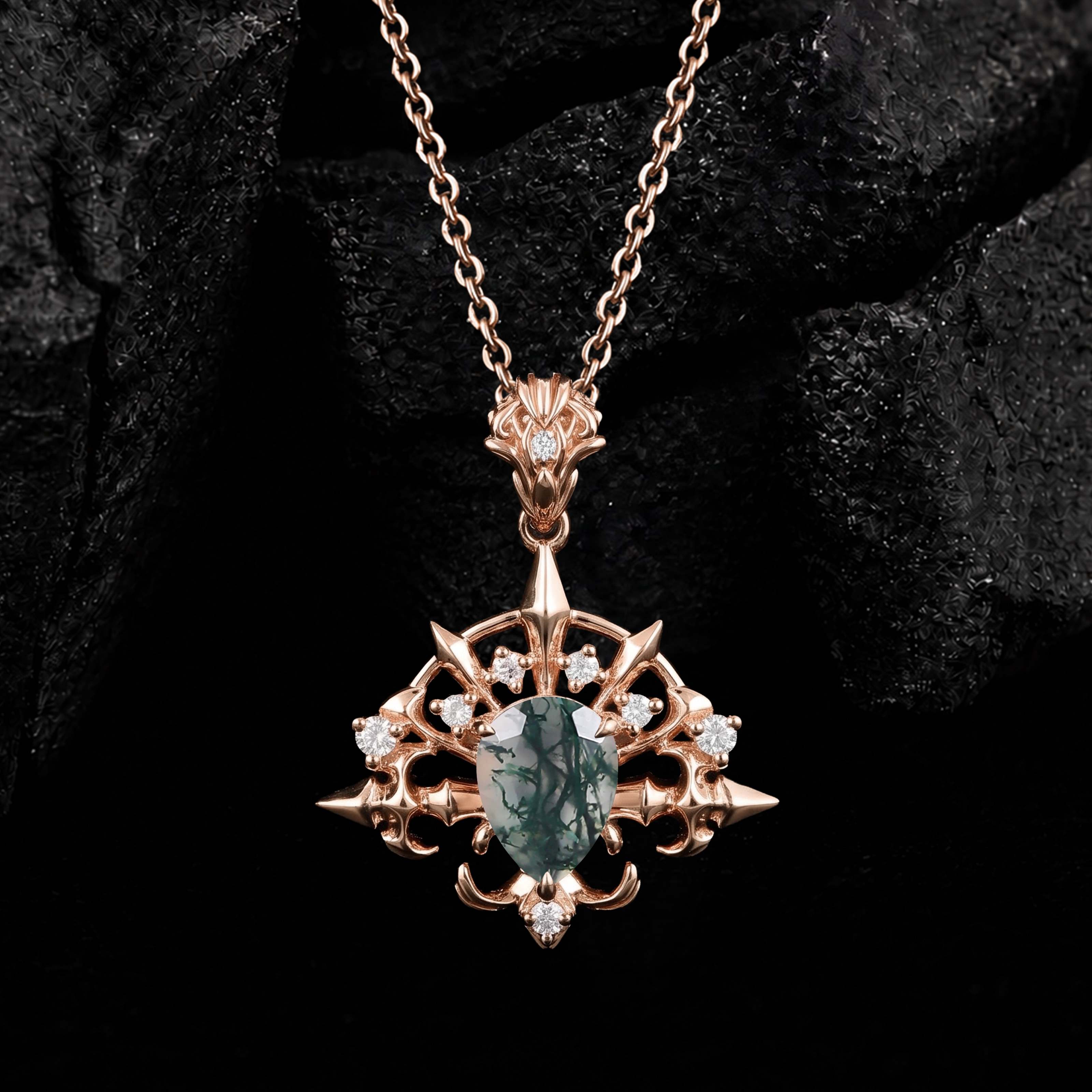Pear Cut Moss Agate Radiant Arrow Gothic Pendant Necklace