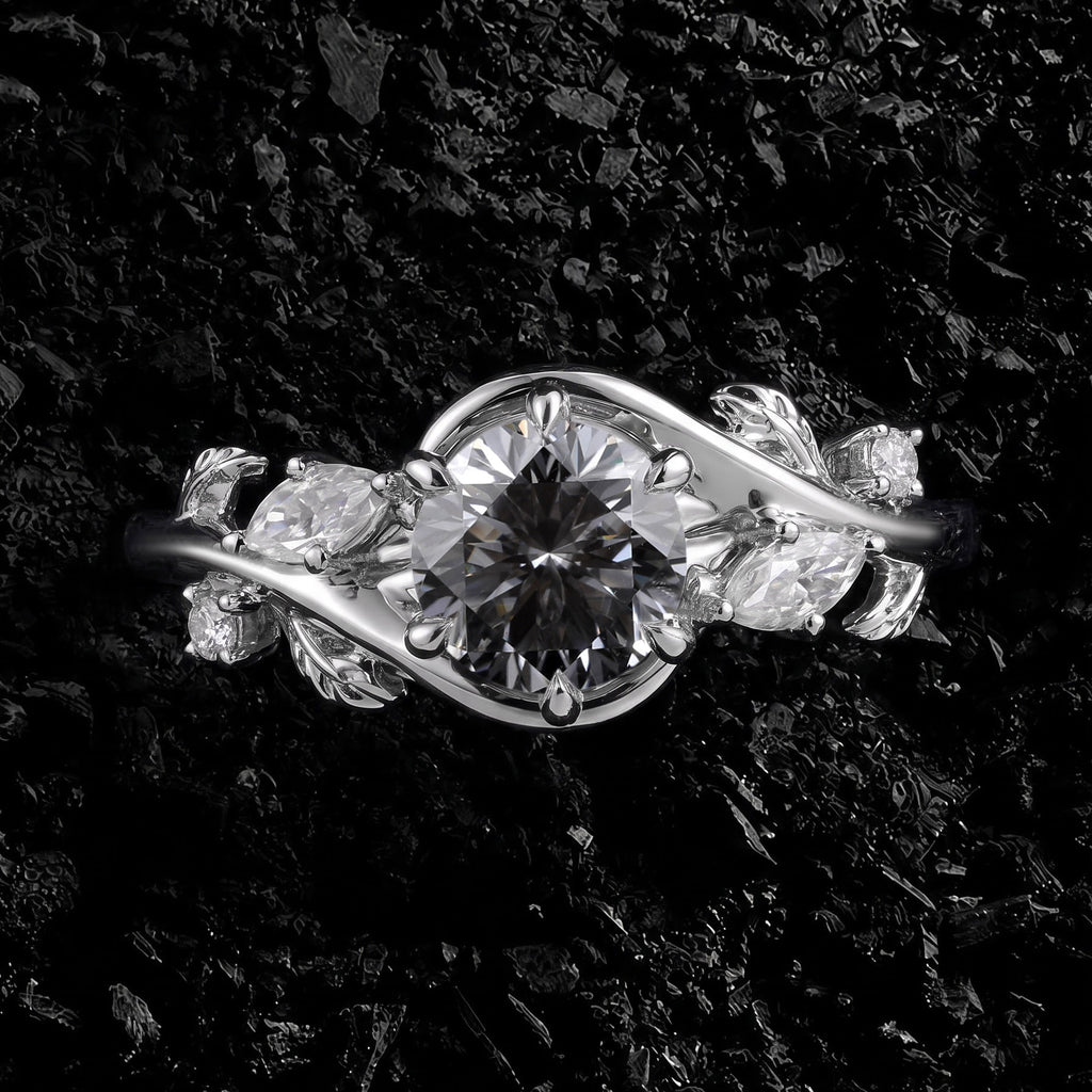 Round Cut Gray Moissanite Bypass Nature Inspired Ring