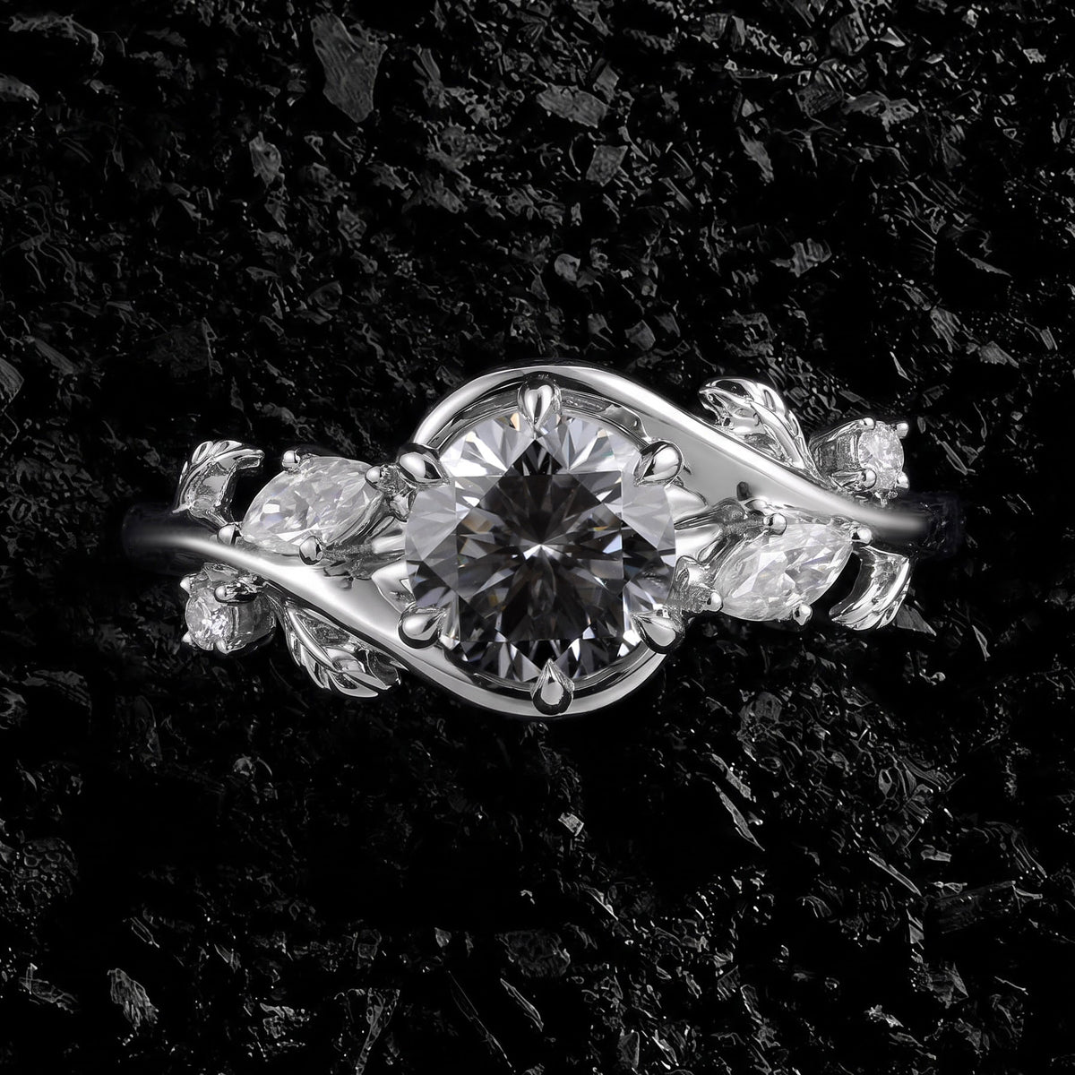 Round Cut Gray Moissanite Bypass Nature Inspired Ring
