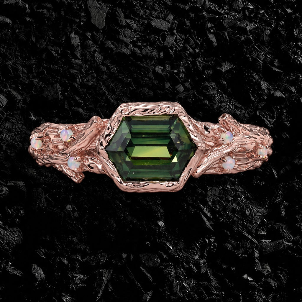 East-West Long Hexagon Cut Teal Sapphire Enchanted Branch Ring