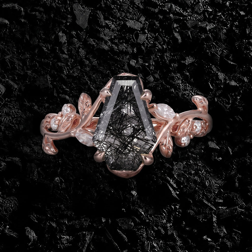 Coffin Cut Black Rutilated Quartz Nature Inspired LeafLace Ring