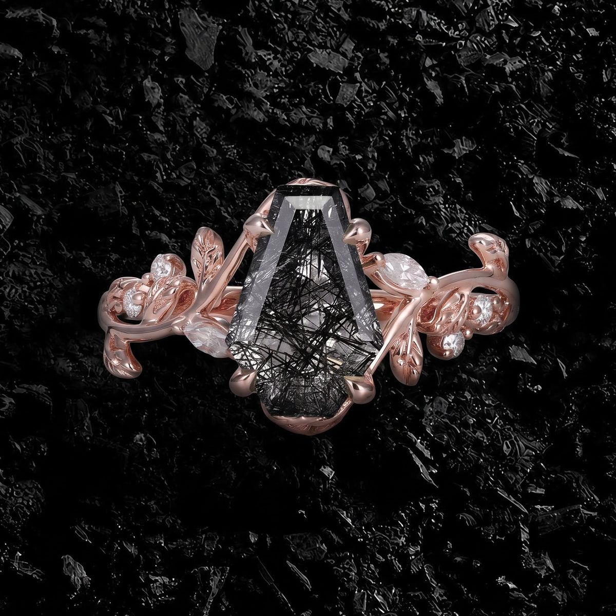 Coffin Cut Black Rutilated Quartz Nature Inspired LeafLace Ring