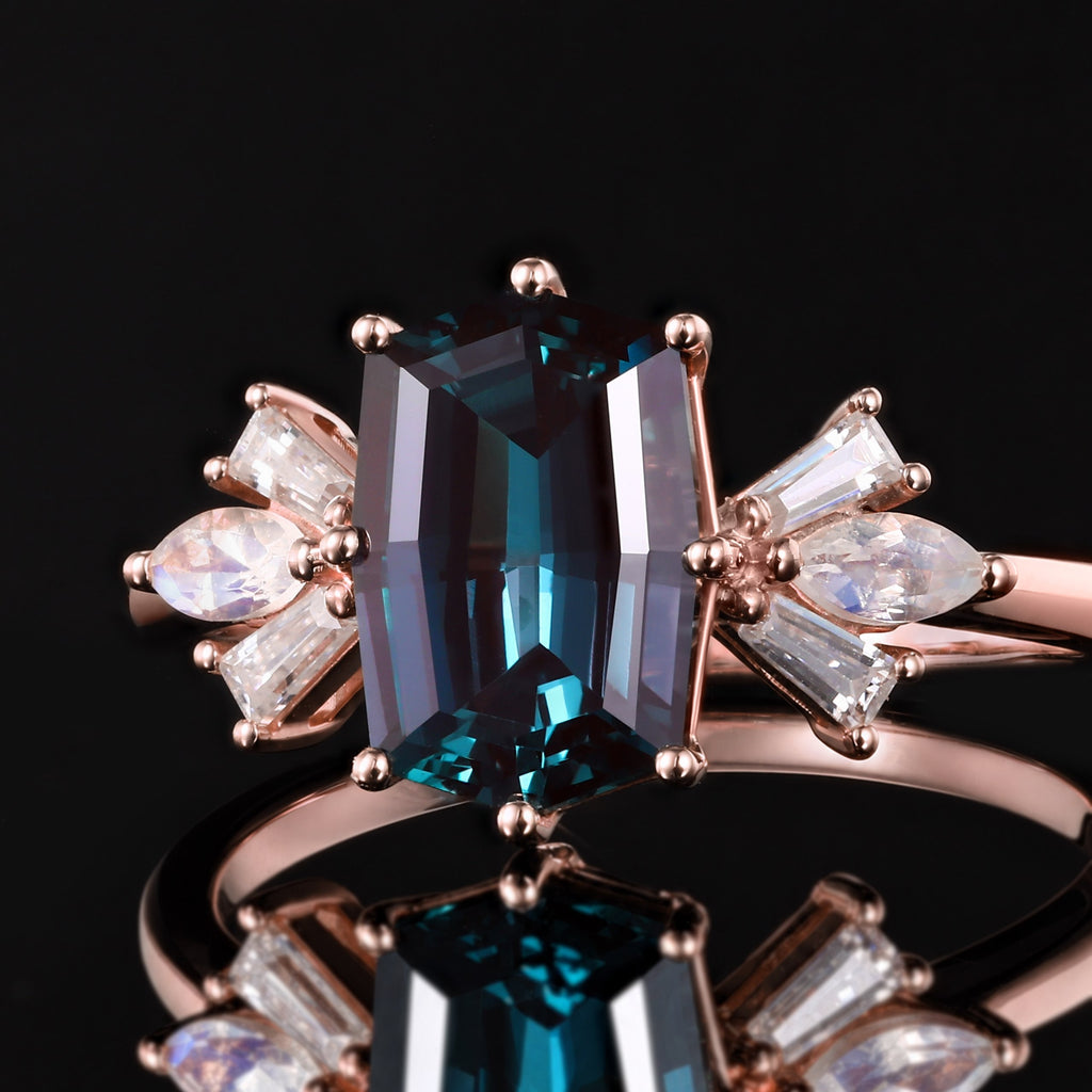 Elongated Octagon Cut Lab Alexandrite Multi Shape Cluster Ring