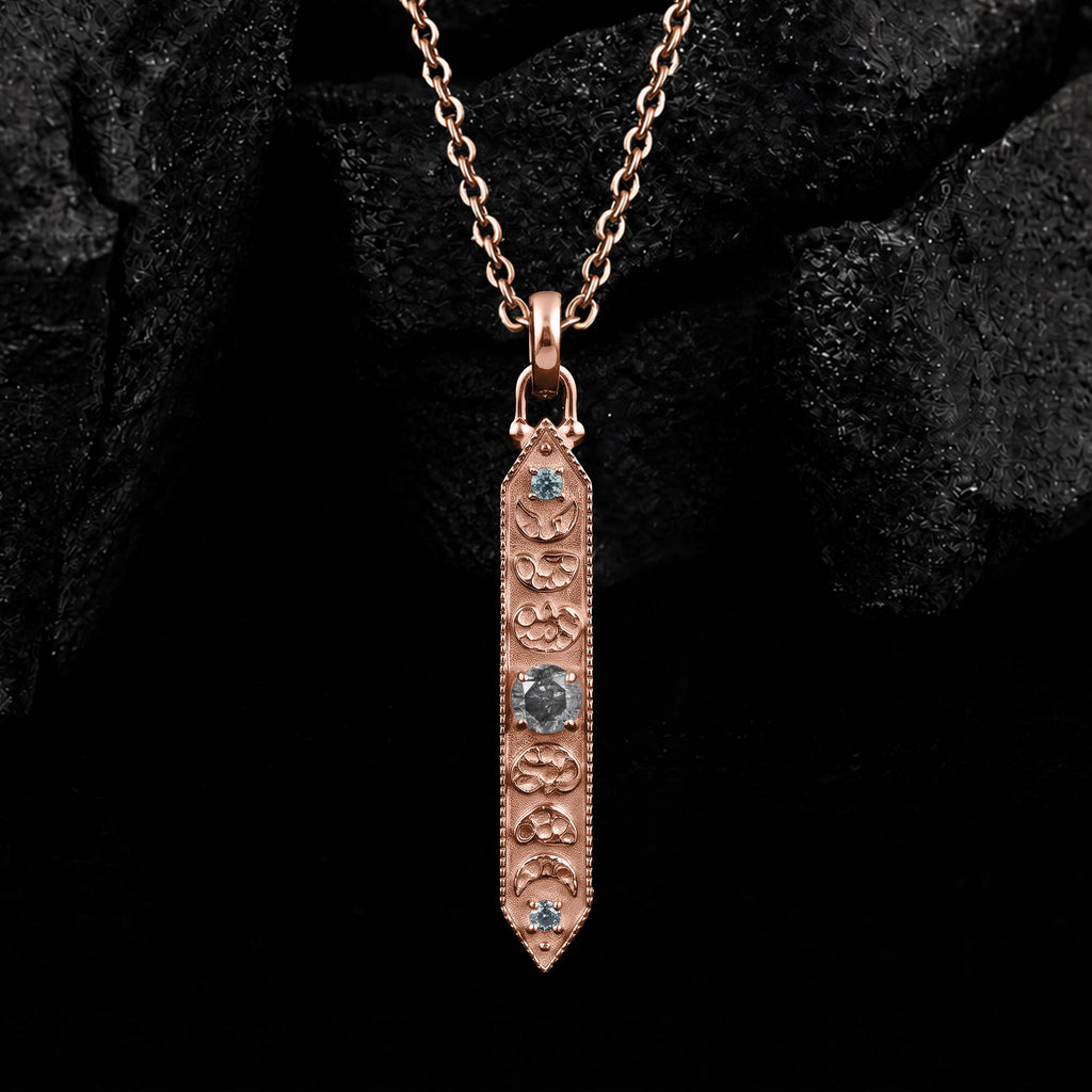 Round Cut Salt & Pepper Diamond Lunar Oracle Talisman Necklace