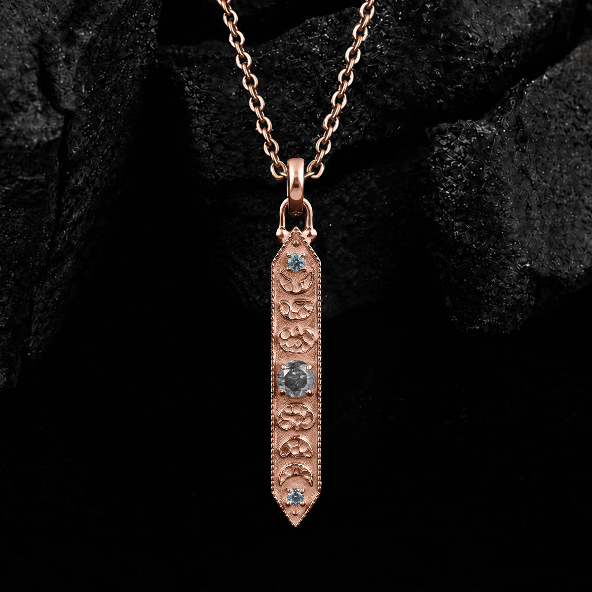 Round Cut Salt & Pepper Diamond Lunar Oracle Talisman Necklace