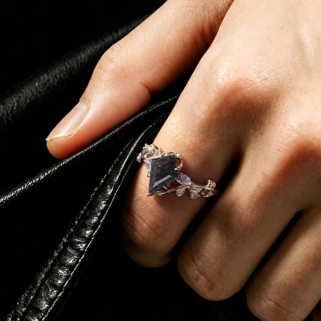 Kite Cut Black Rutilated Quartz Nature Inspired LeafLace Ring