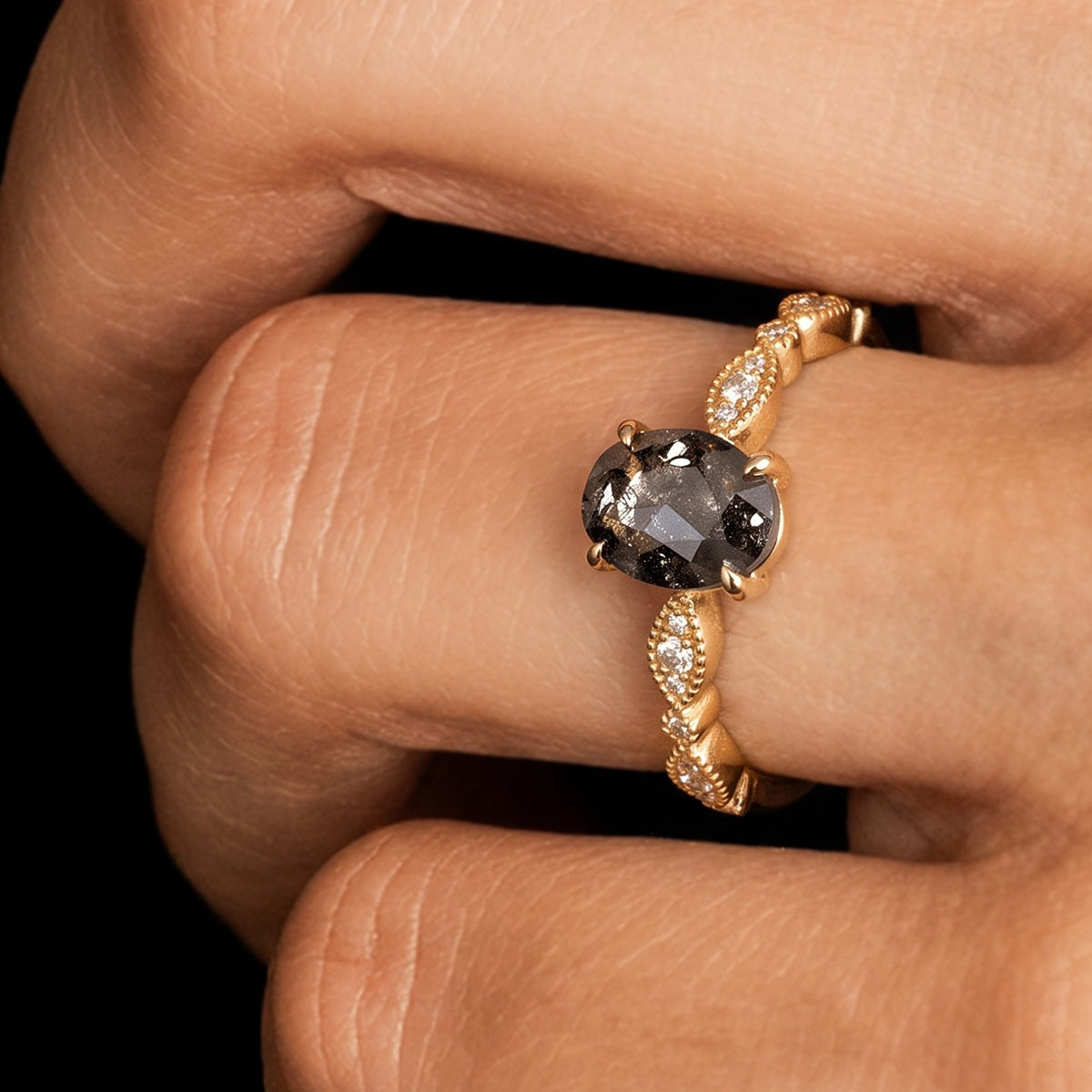 Oval Cut Salt & Pepper Diamond Vintage Ring