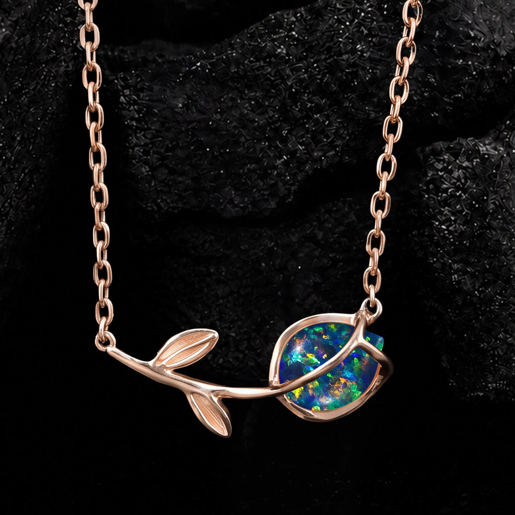 Pear Cut Black Opal Tulip Floral Necklace