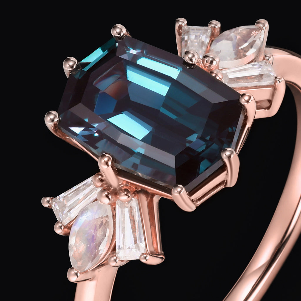 Elongated Octagon Cut Lab Alexandrite Multi Shape Cluster Ring