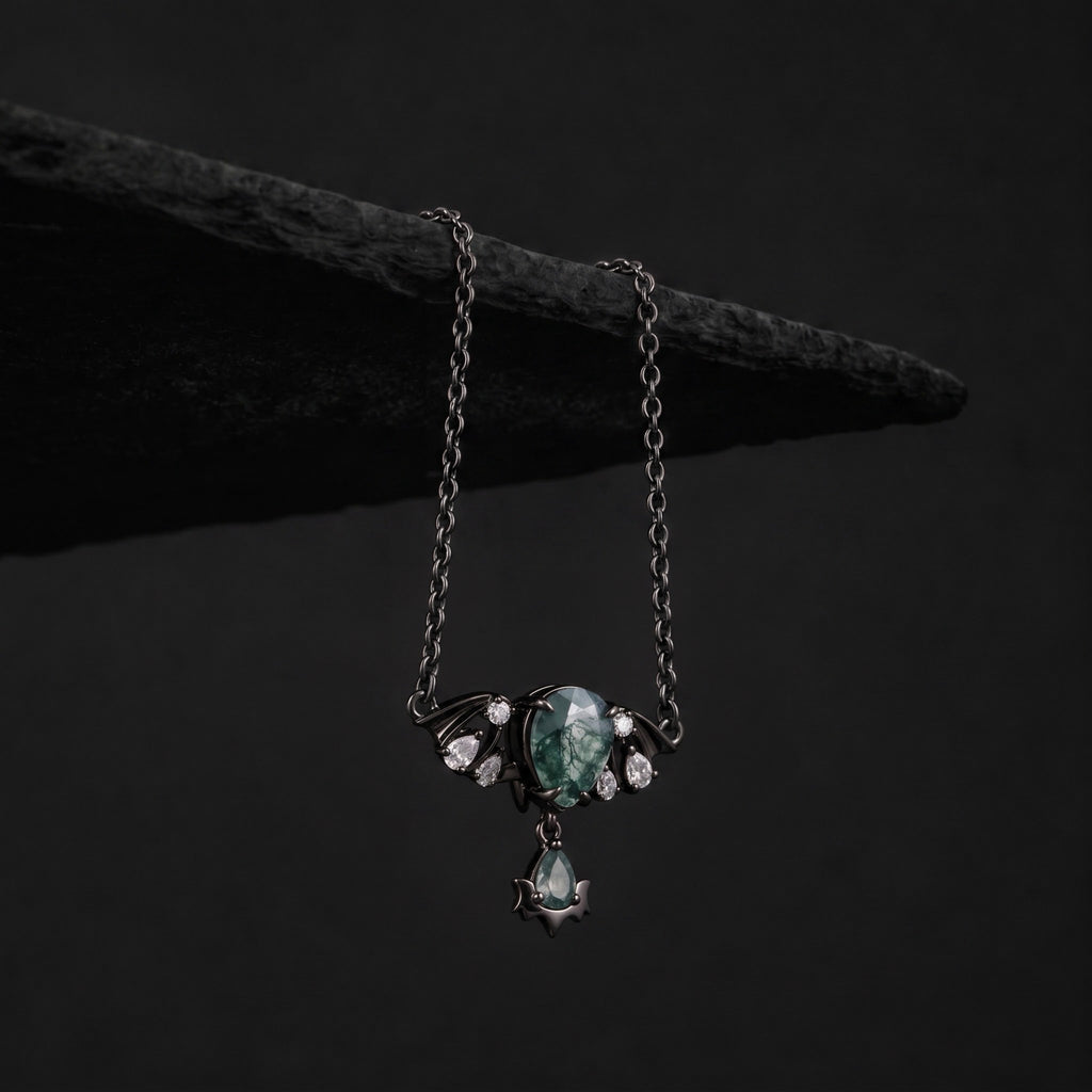 Pear Cut Moss Agate Nightwing Gothic Drop Necklace