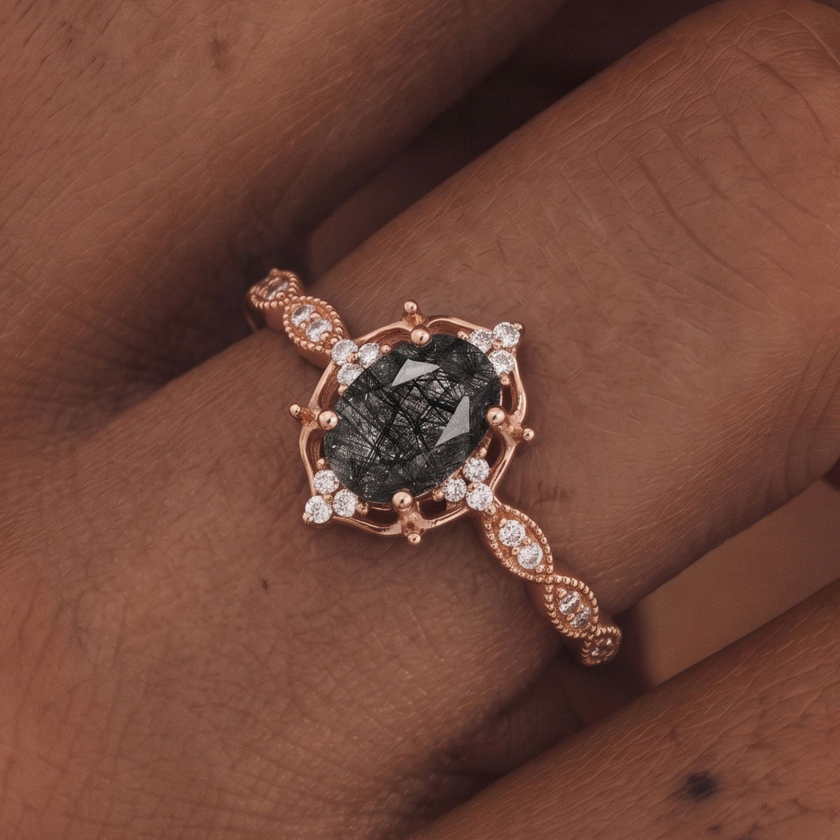 Oval Cut Black Rutilated Quartz Vintage Ring