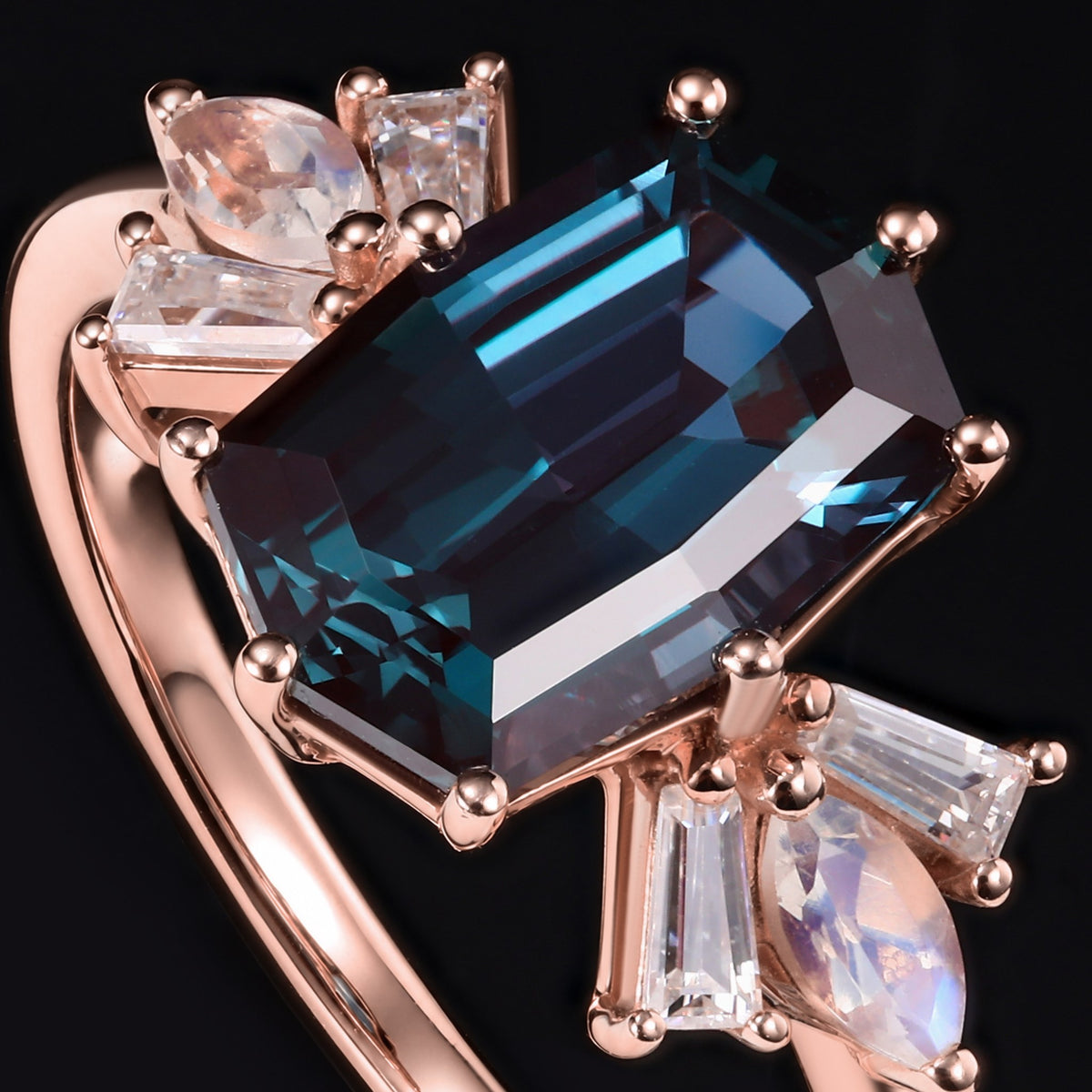Elongated Octagon Cut Lab Alexandrite Multi Shape Cluster Ring
