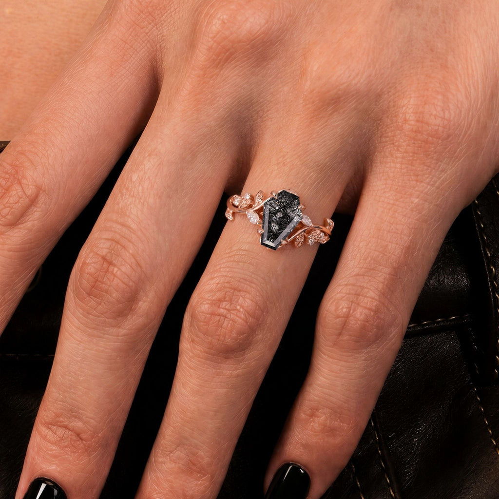 Coffin Cut Black Rutilated Quartz Nature Inspired LeafLace Ring