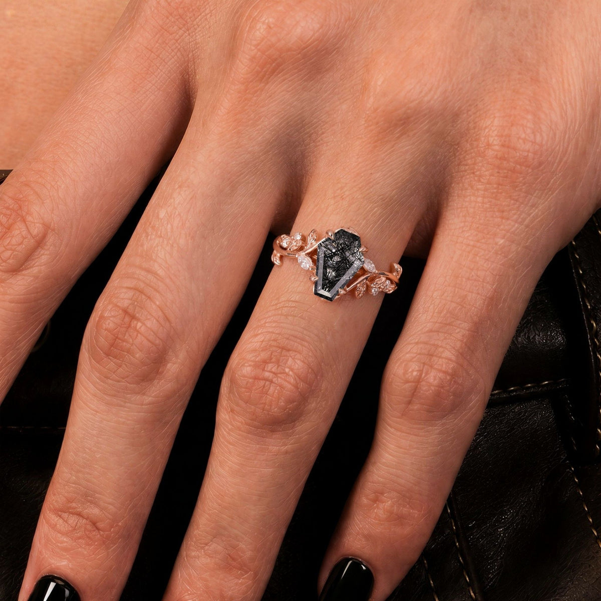 Coffin Cut Black Rutilated Quartz Nature Inspired LeafLace Ring