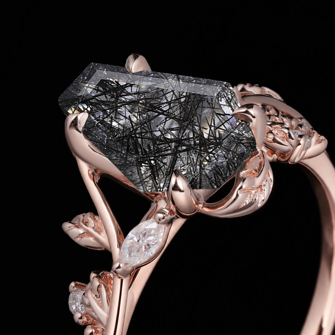 Coffin Cut Black Rutilated Quartz Nature Inspired LeafLace Ring