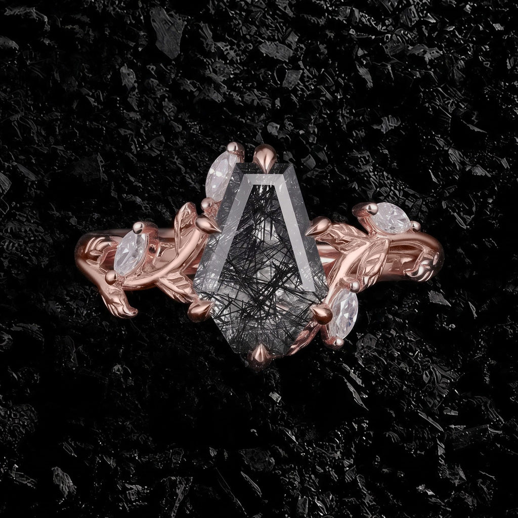 Coffin Cut Black Rutilated Quartz Vine Branch Ring