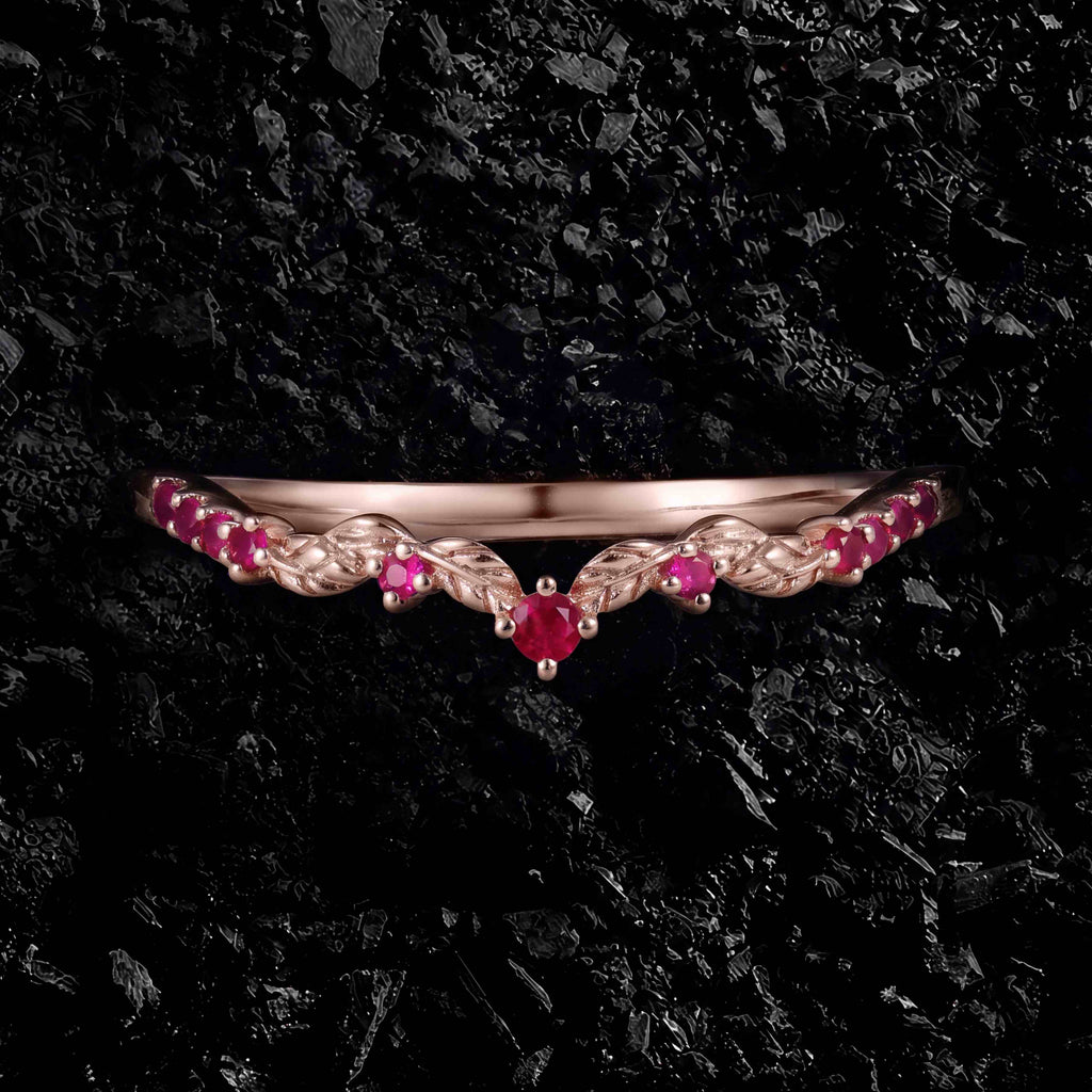 Ruby Curved Leaf Band Nature Inspired Stacking Ring