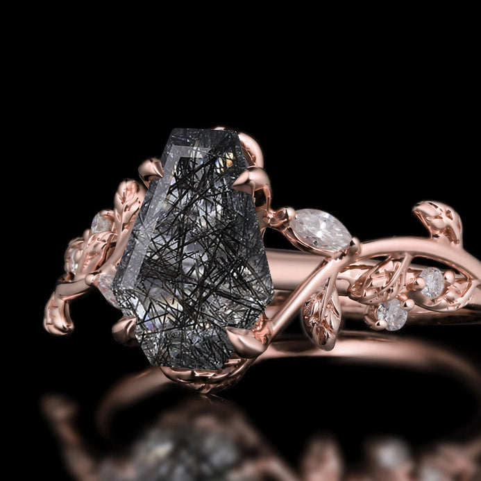 Coffin Cut Black Rutilated Quartz Nature Inspired LeafLace Ring