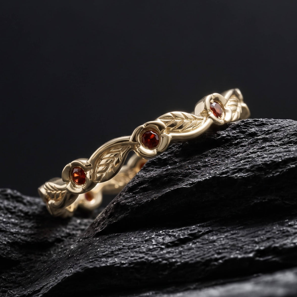 Garnet Flower & Leaf Nature Inspired Eternity Band Ring