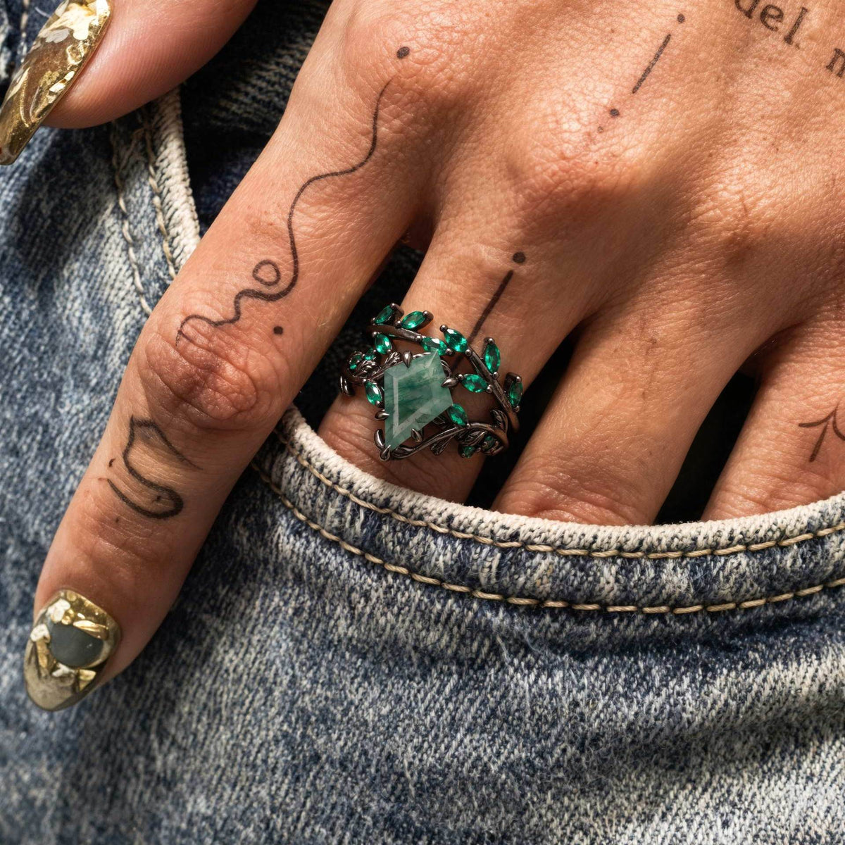 Kite Cut Moss Agate Dark Gothic Ring Set Emerald Leaf Ring Stack