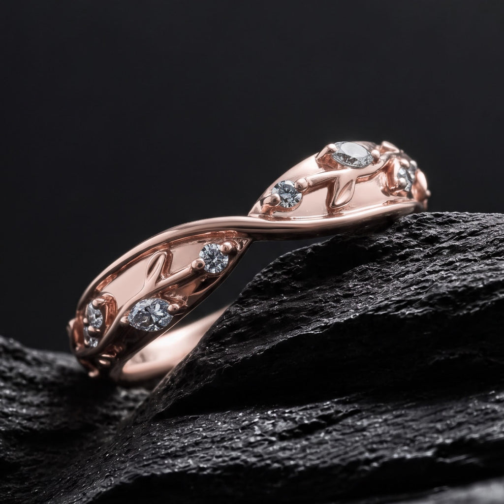Gray Moissanite Leaf Engraved Twisted Band