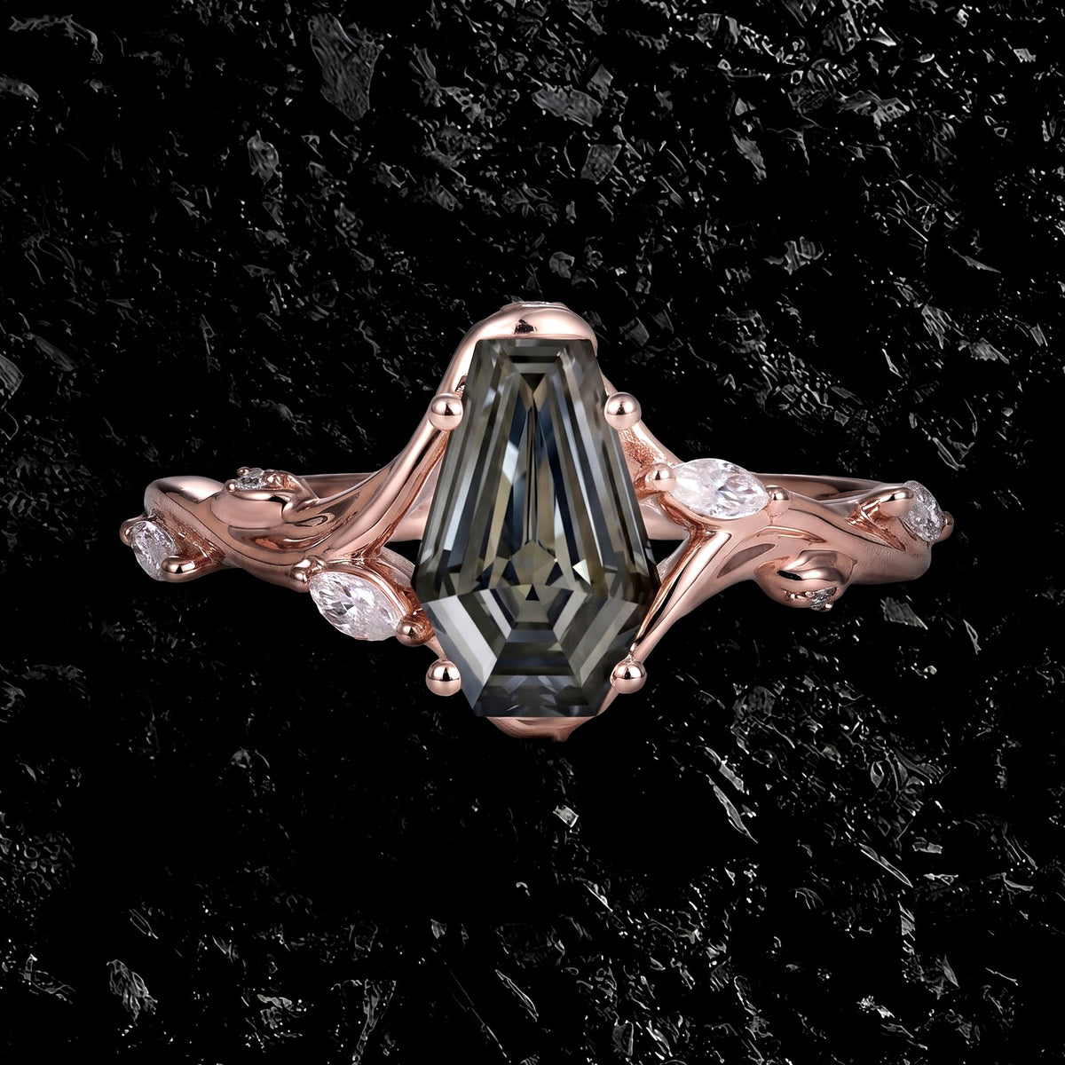 Coffin Cut Gray Moissanite Vine Bypass Shank Ring