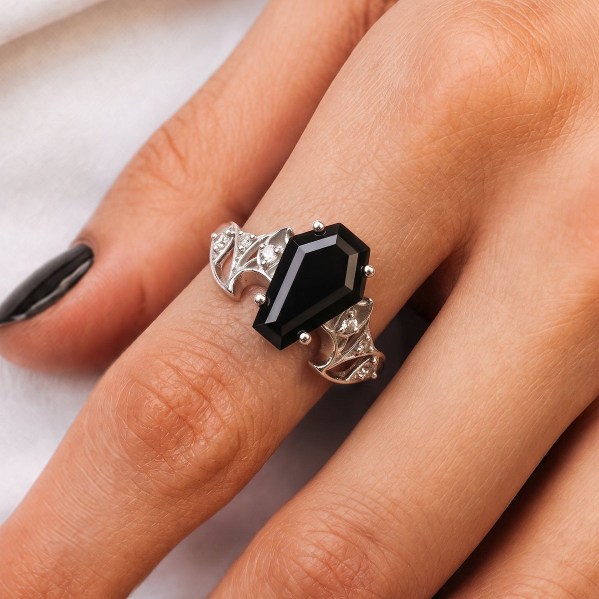 Coffin Cut Black Diamond Bat Wing Gothic Ring With Lab Diamond Accent
