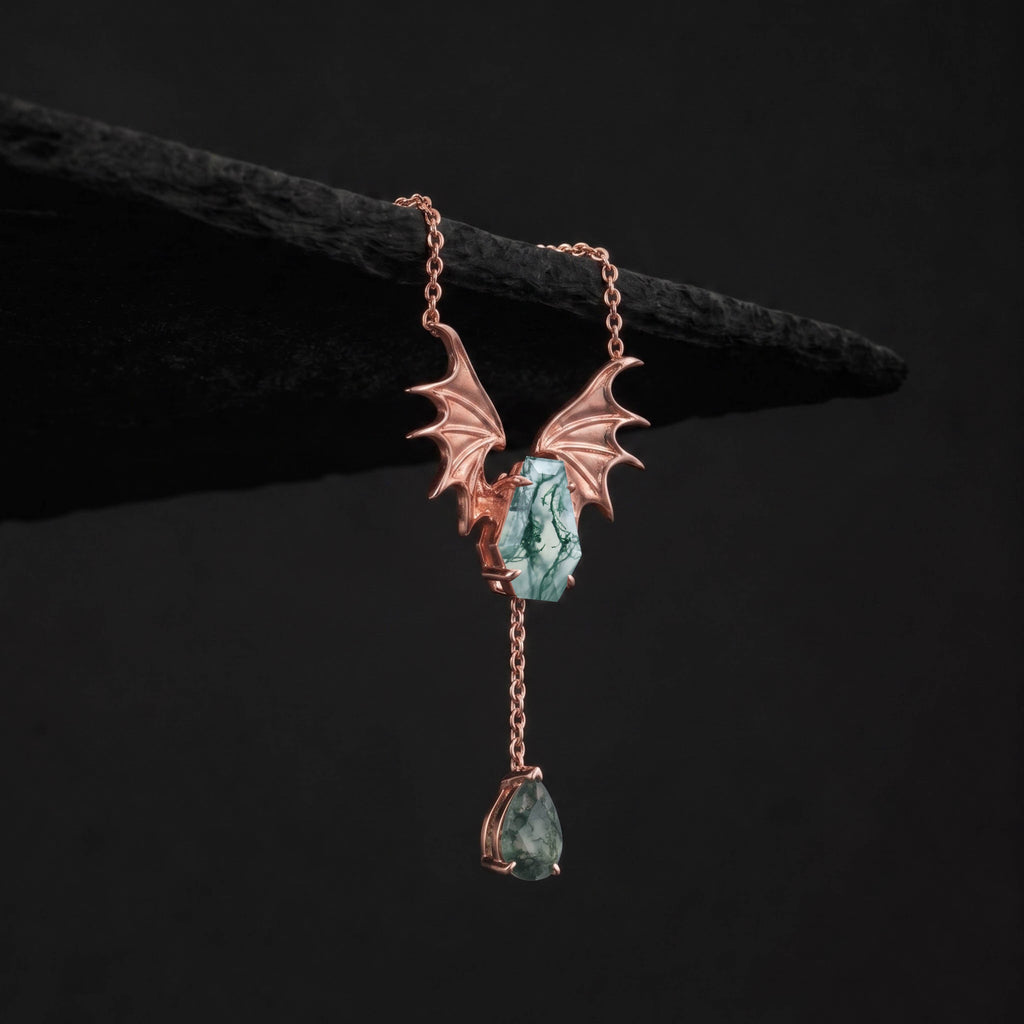 Coffin Cut Moss Agate Nightwing Gothic Y Necklace