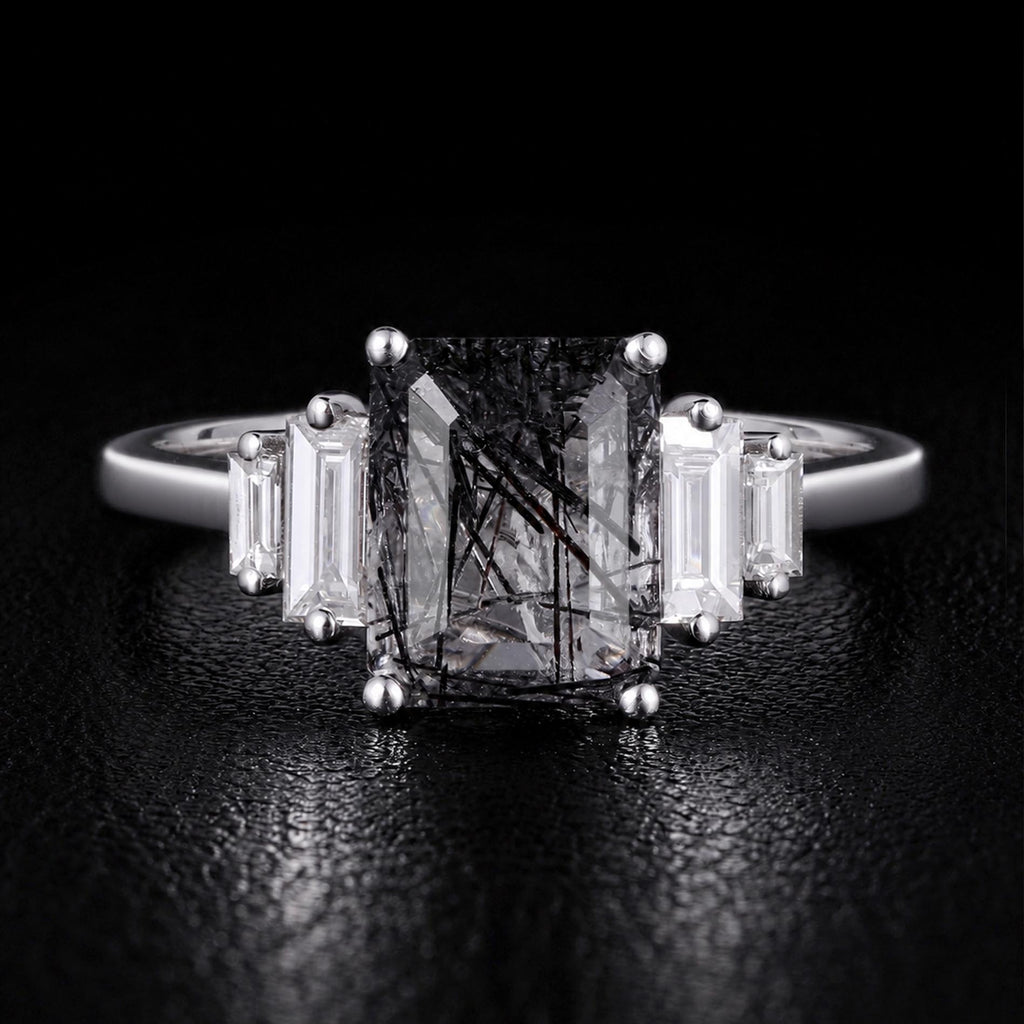 Art Deco Emerald Cut Black Rutilated Quartz Baguette Accented Ring