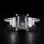 Art Deco Emerald Cut Black Rutilated Quartz Baguette Accented Ring