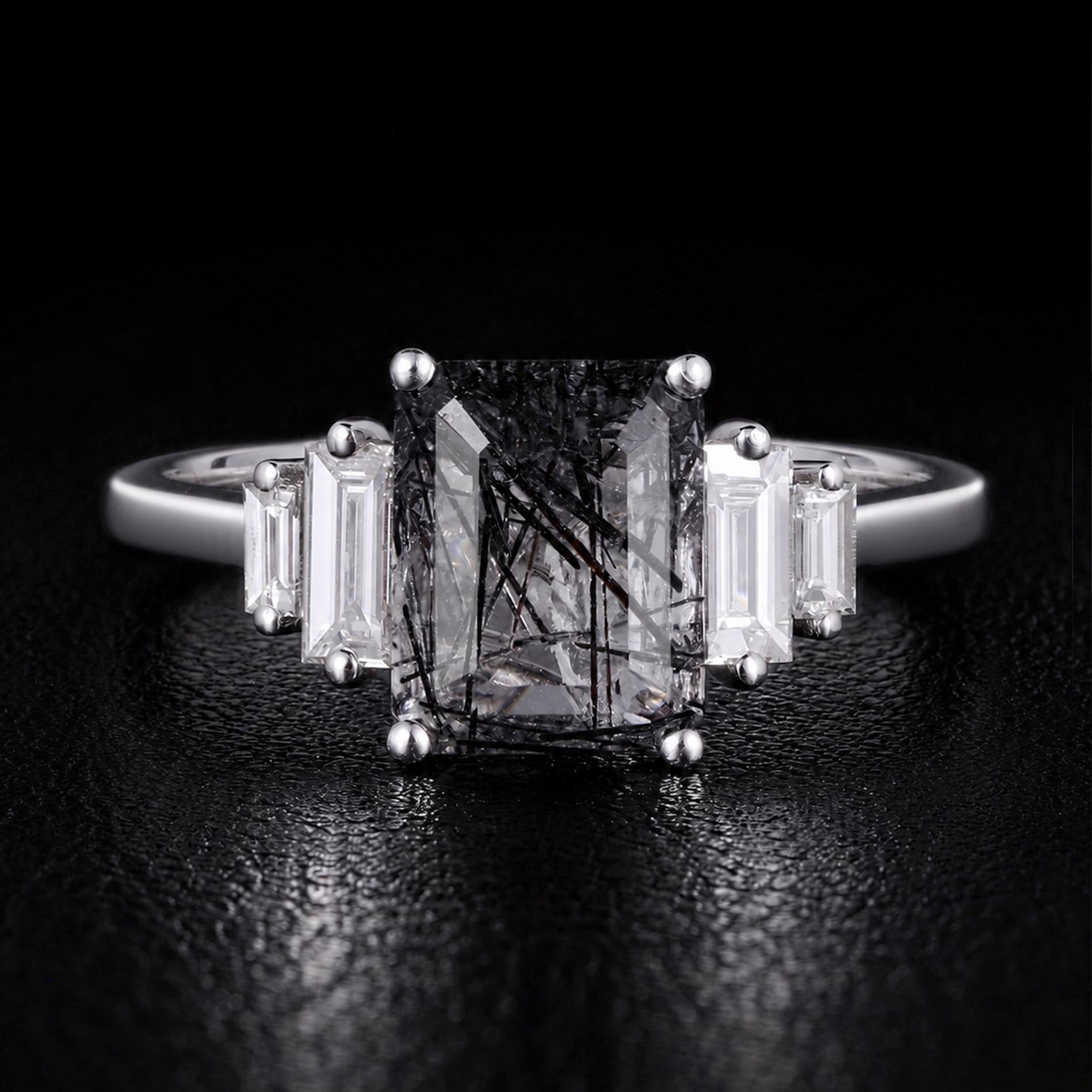Art Deco Emerald Cut Black Rutilated Quartz Baguette Accented Ring