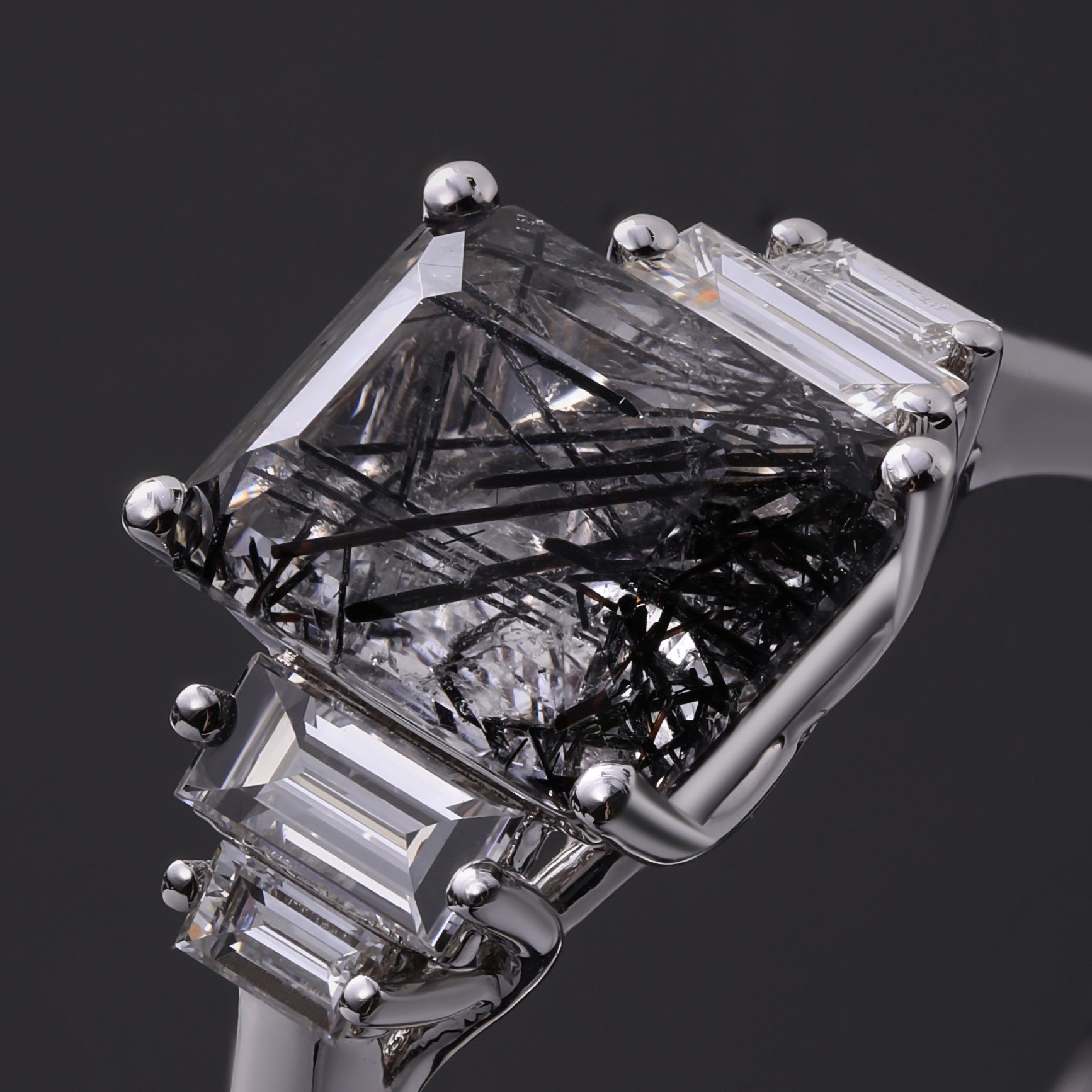 Art Deco Emerald Cut Black Rutilated Quartz Baguette Accented Ring