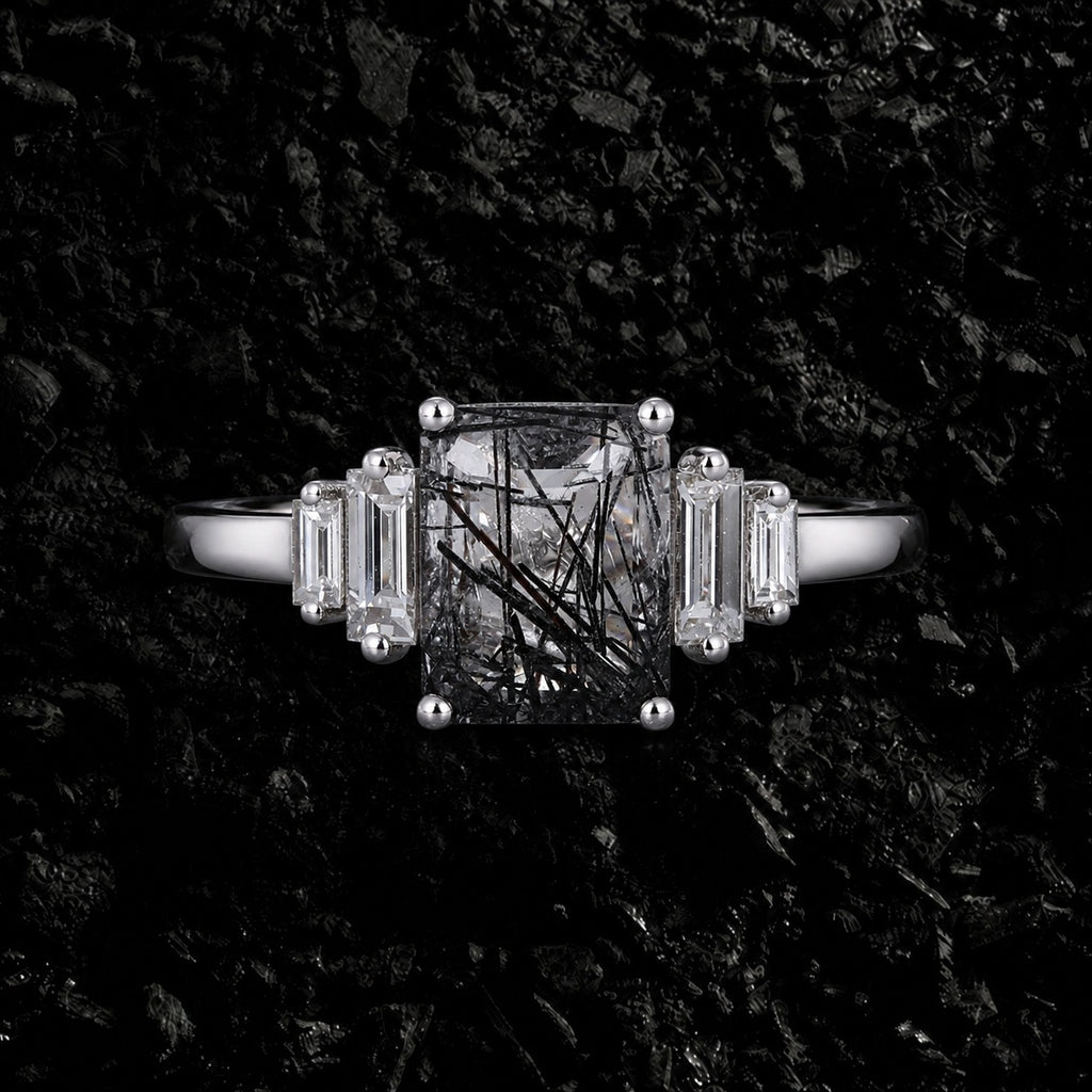Art Deco Emerald Cut Black Rutilated Quartz Baguette Accented Ring
