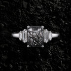 Art Deco Emerald Cut Black Rutilated Quartz Baguette Accented Ring