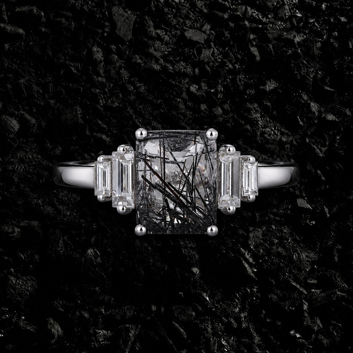 Art Deco Emerald Cut Black Rutilated Quartz Baguette Accented Ring