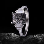 Art Deco Emerald Cut Black Rutilated Quartz Baguette Accented Ring