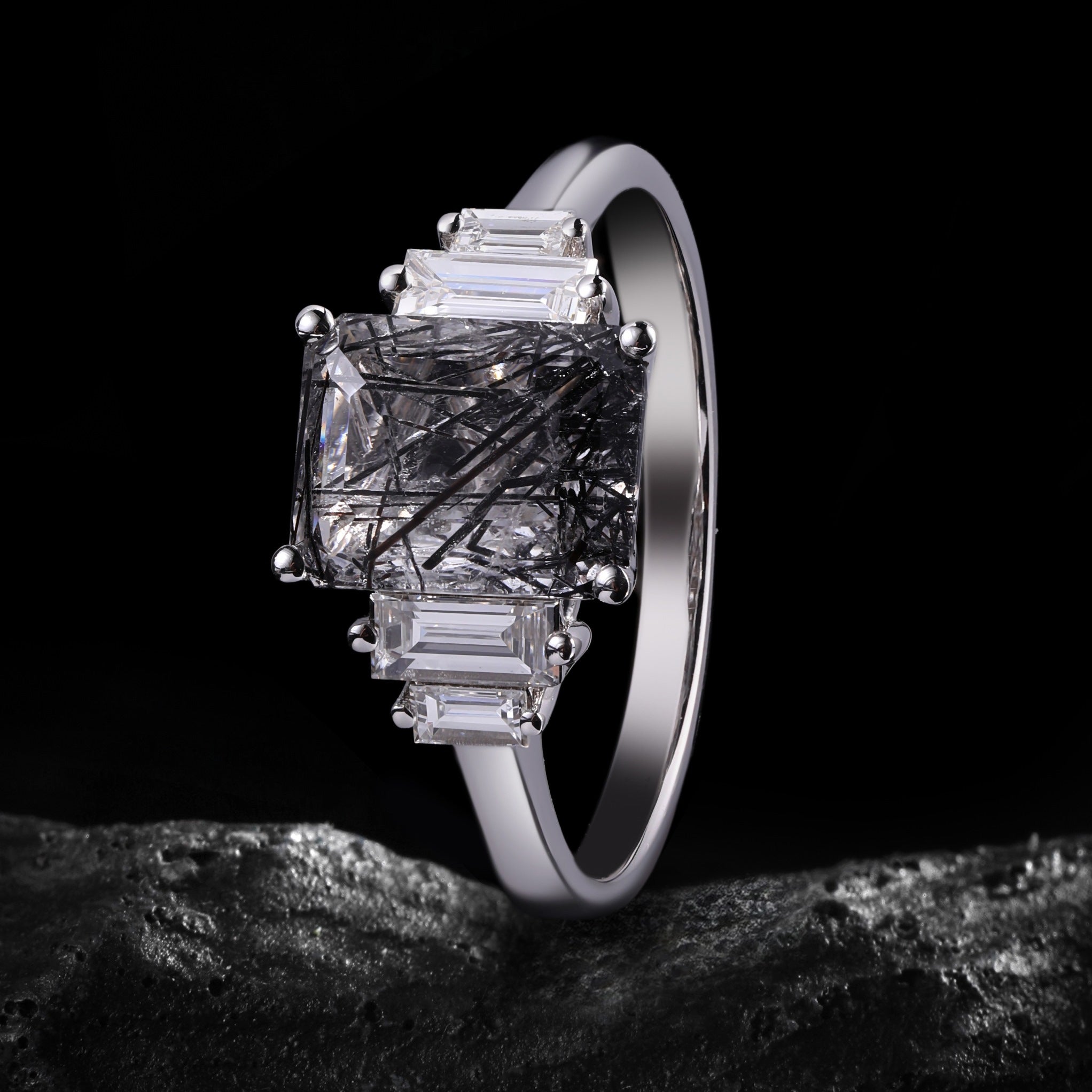 Art Deco Emerald Cut Black Rutilated Quartz Baguette Accented Ring