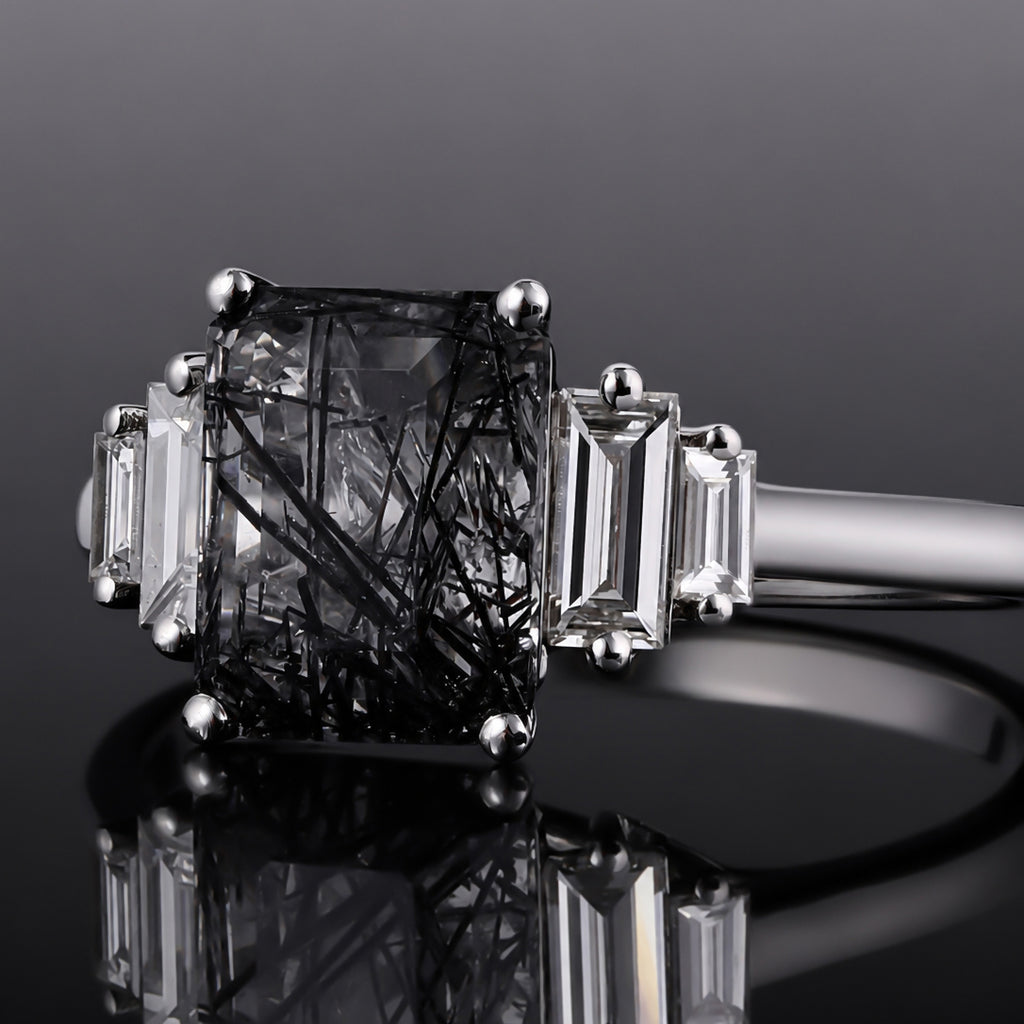 Art Deco Emerald Cut Black Rutilated Quartz Baguette Accented Ring