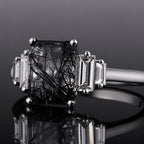 Art Deco Emerald Cut Black Rutilated Quartz Baguette Accented Ring