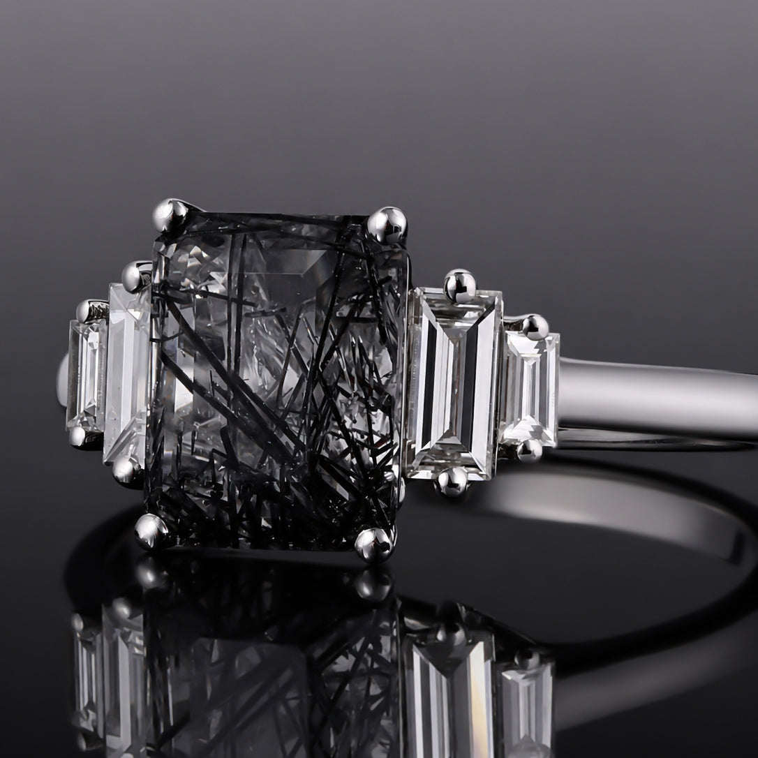 Art Deco Emerald Cut Black Rutilated Quartz Baguette Accented Ring