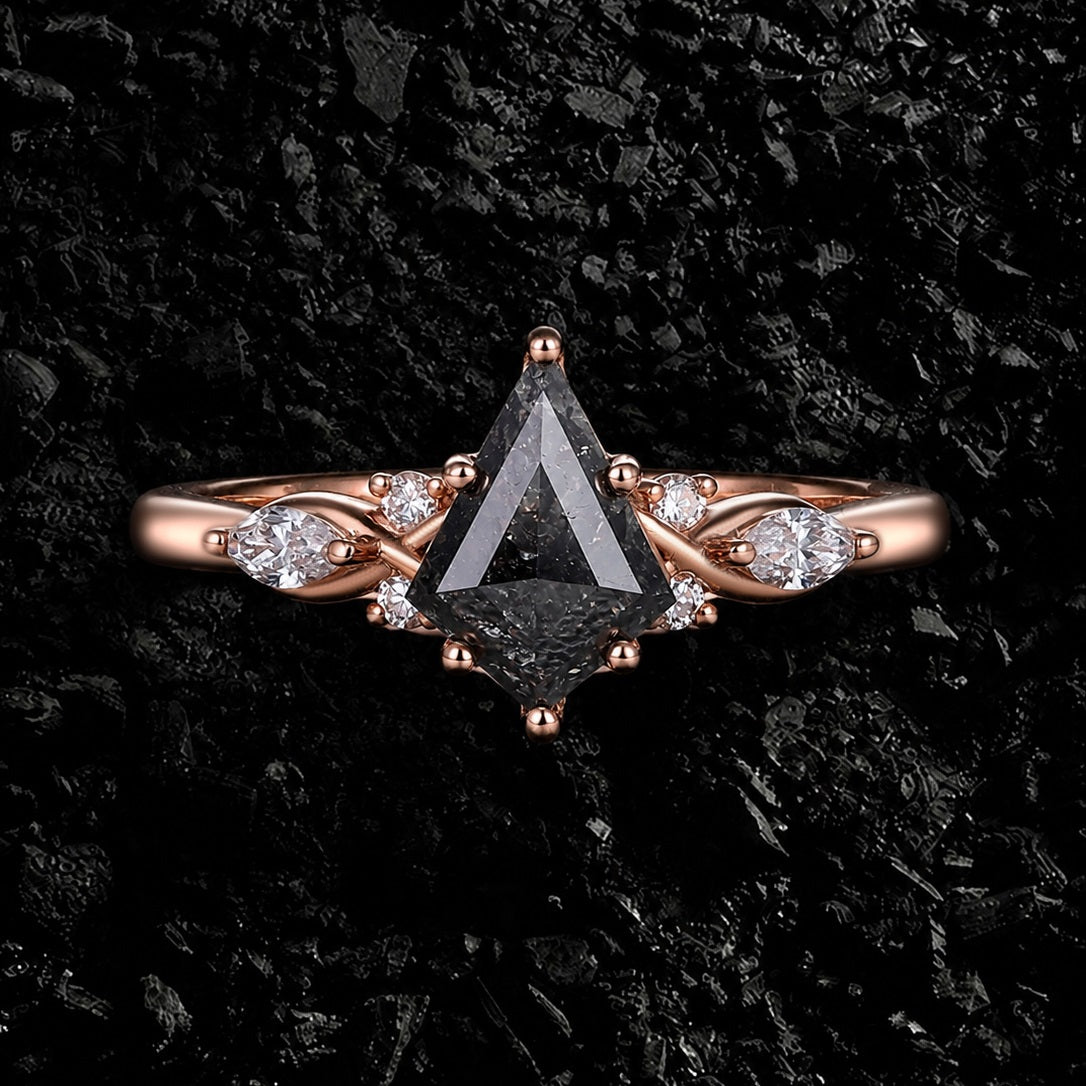 Art Deco Kite Cut Salt & Pepper Diamond Ring