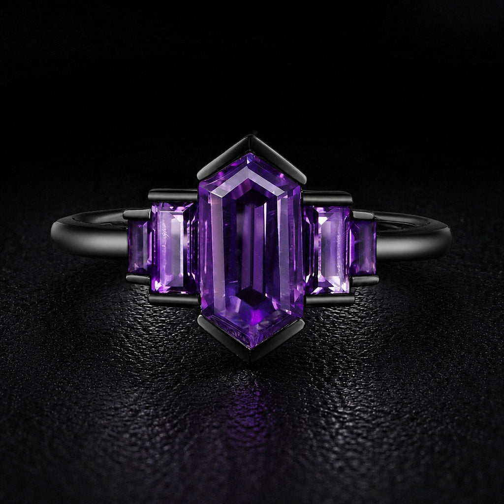 Art Deco Long Hexagon Cut Amethyst Baguette Accented Ring